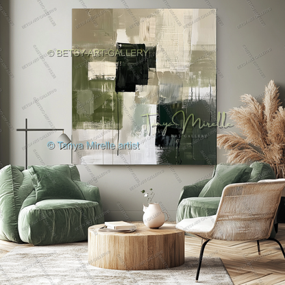 Elegant Green Olive White Textured Canvas Wall Art