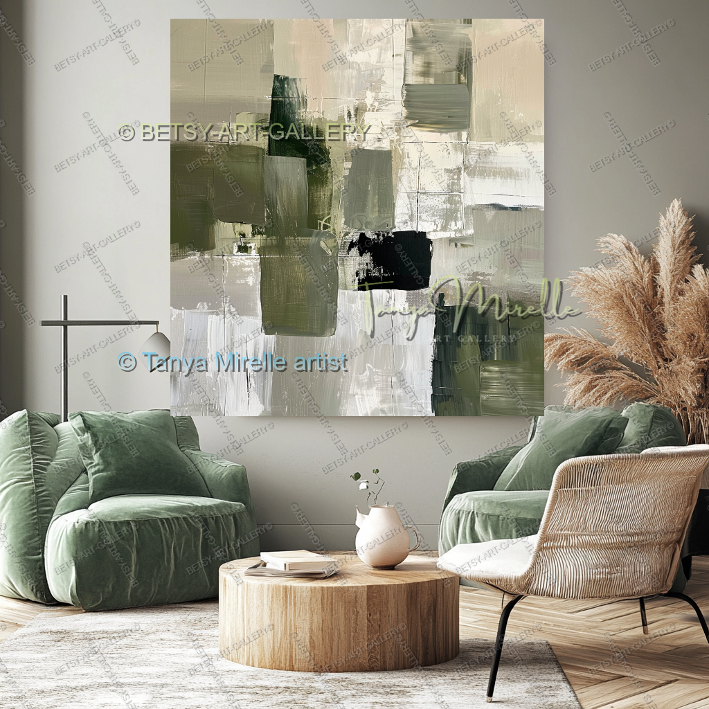 Elegant Green Olive White Textured Canvas Wall Art