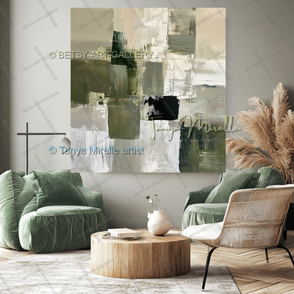 Elegant Green Olive White Textured Canvas Wall Art
