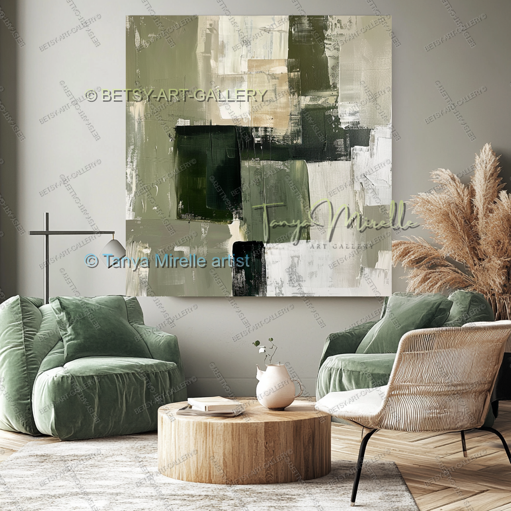 Elegant Green Olive White Textured Canvas Wall Art