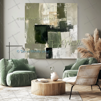 Elegant Green Olive White Textured Canvas Wall Art