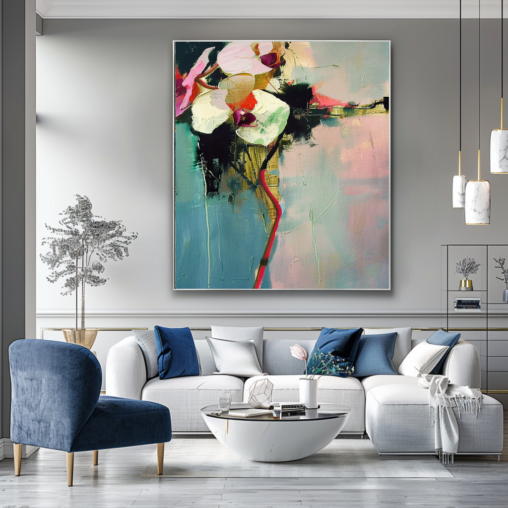 White Orchid Abstract Impasto Oil Painting – Modern Textured Canvas Art for Living Room