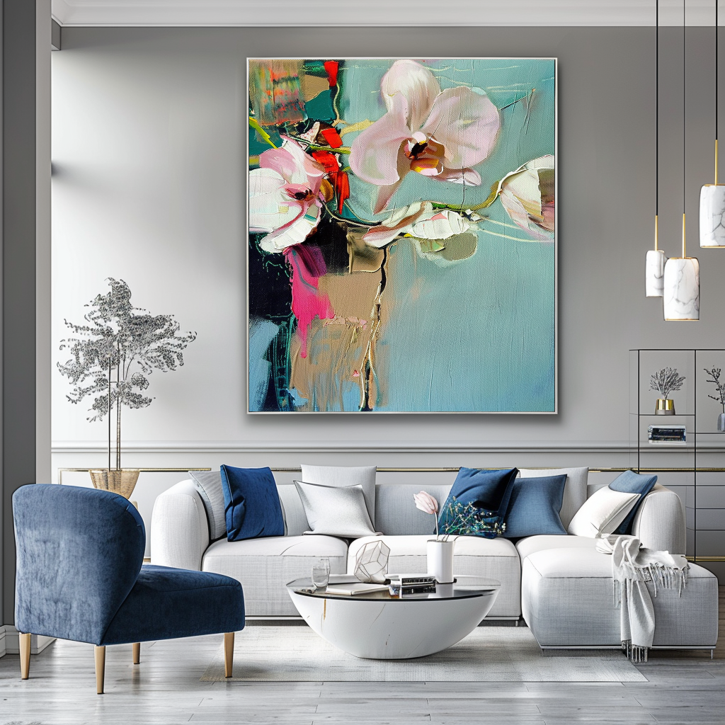 White Orchid Abstract Impasto Oil Painting – Modern Textured Canvas Art for Living Room