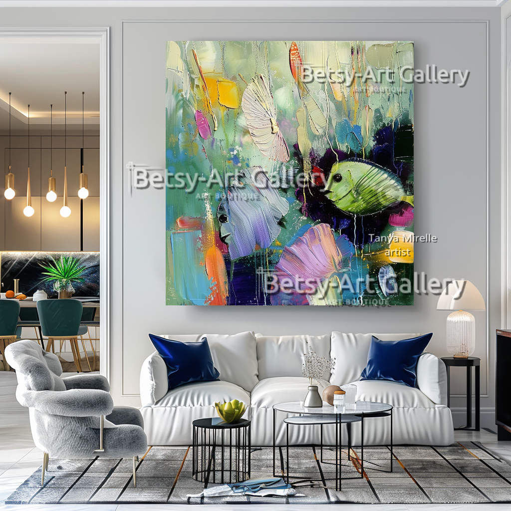 Caribbean Drift – Vibrant Underwater Symphony – Textured Abstract Wall Art #117 – Large – Oil on Canvas – {{ product.title }} canvas artwork by Tanya Mirelle – modern wall decor – original artwork for home, living room, office, or gallery – original artwork by BETSY-ART GALLERY
