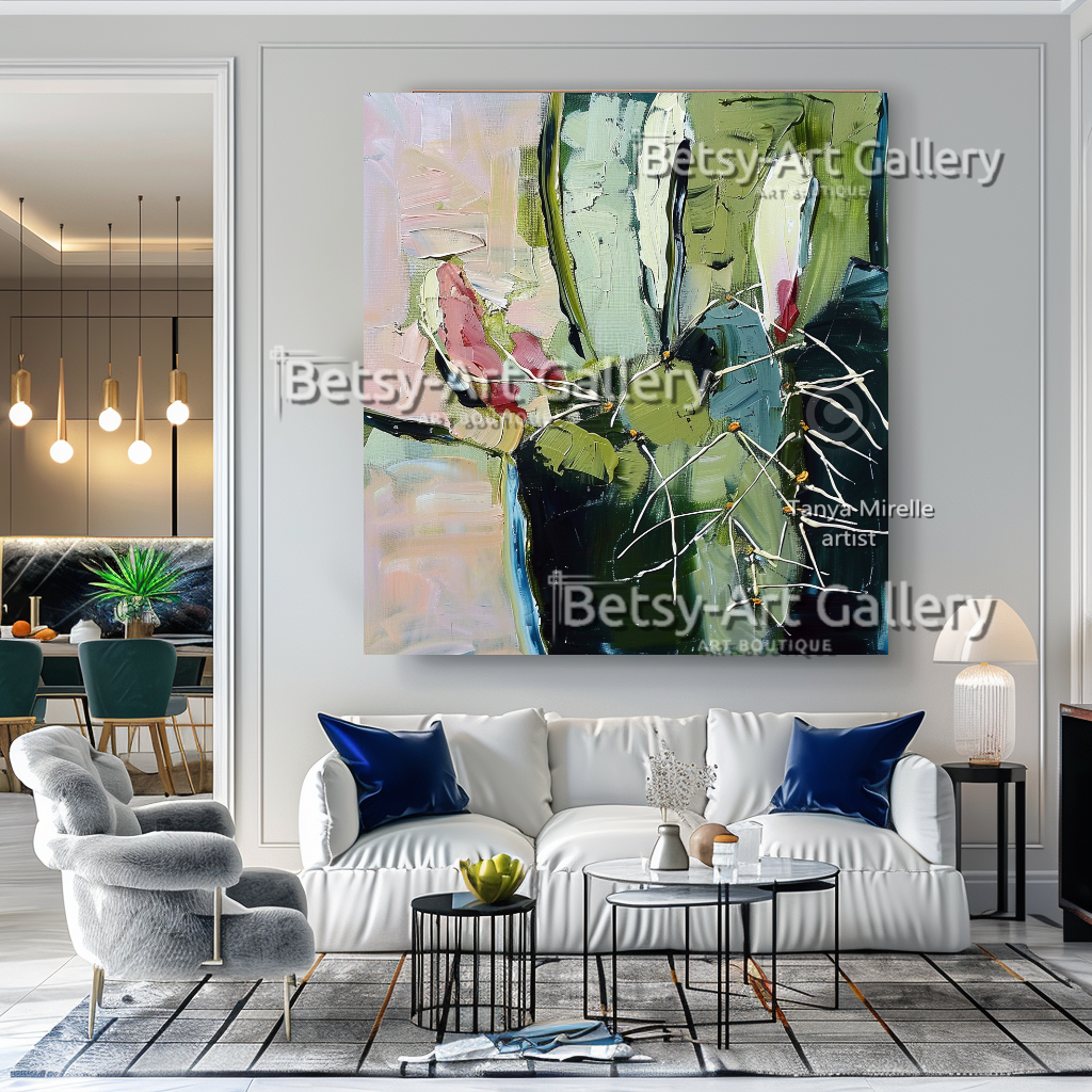 Vibrant Abstract Cactus – Modern Textured Impasto Wall Art #76 – Large – Oil on Canvas – {{ product.title }} canvas artwork by Tanya Mirelle – modern wall decor – original artwork for home, living room, office, or gallery – original artwork by BETSY-ART GALLERY