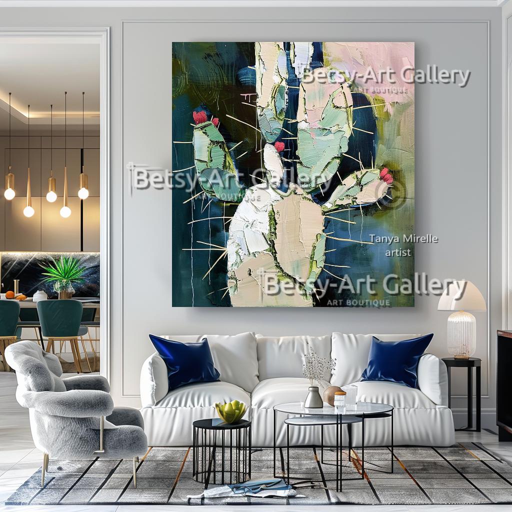 Vibrant Abstract Cactus – Modern Textured Impasto Wall Art #76 – Large – Oil on Canvas – {{ product.title }} canvas artwork by Tanya Mirelle – modern wall decor – original artwork for home, living room, office, or gallery – original artwork by BETSY-ART GALLERY