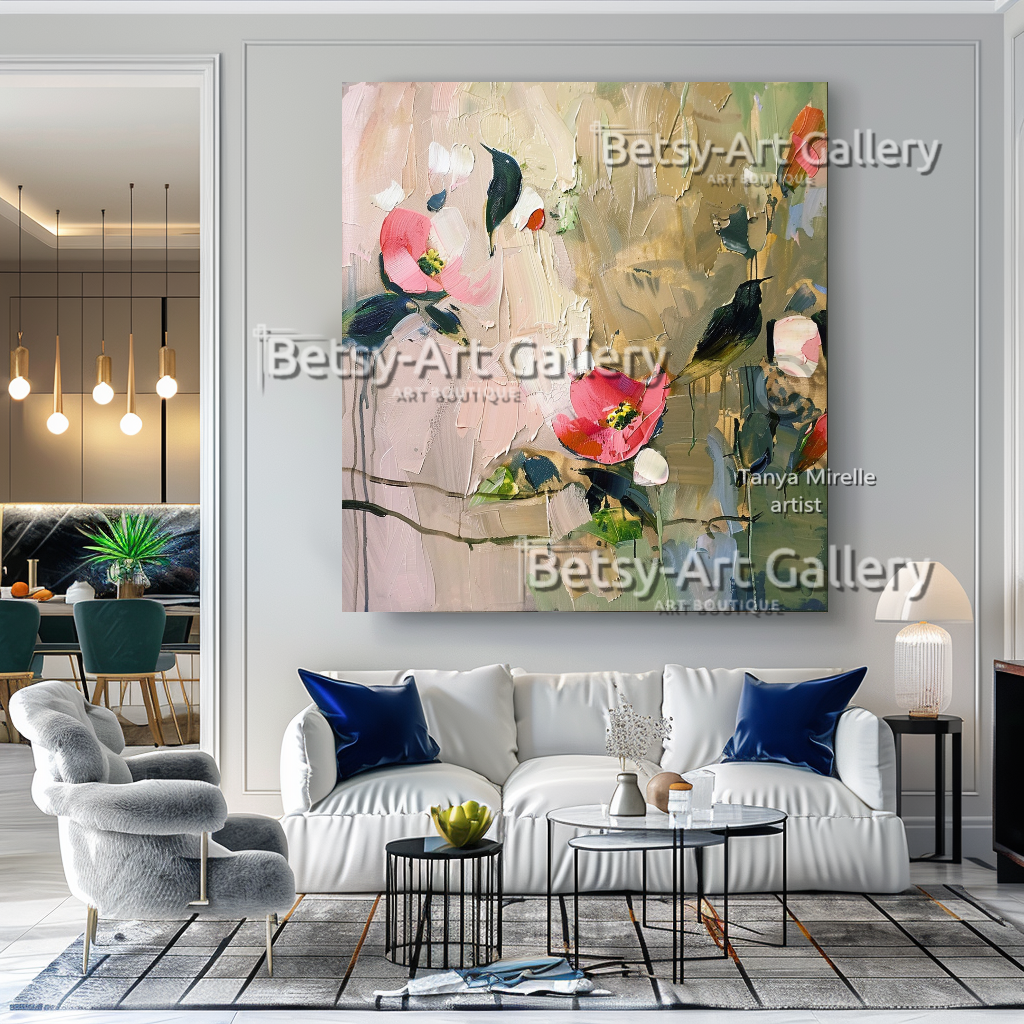 Pastel Floral Abstract Painting - Textured Impasto Wall Art #84