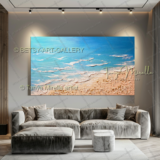 LARGE Modern Textured Wall Art - Seashore Acrylic Painting on Canvas for Bedroom and Living Room