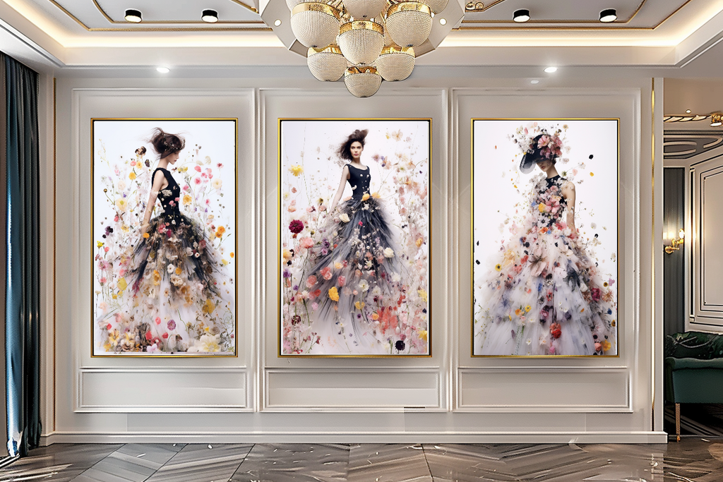 Perfume Floral Woman Art - Blooming Flowers Dress - Chic Home Decor – Large – Oil on Canvas – {{ product.title }} canvas artwork by Tanya Mirelle – modern wall decor – original artwork for home, living room, office, or gallery – original artwork by BETSY-ART GALLERY