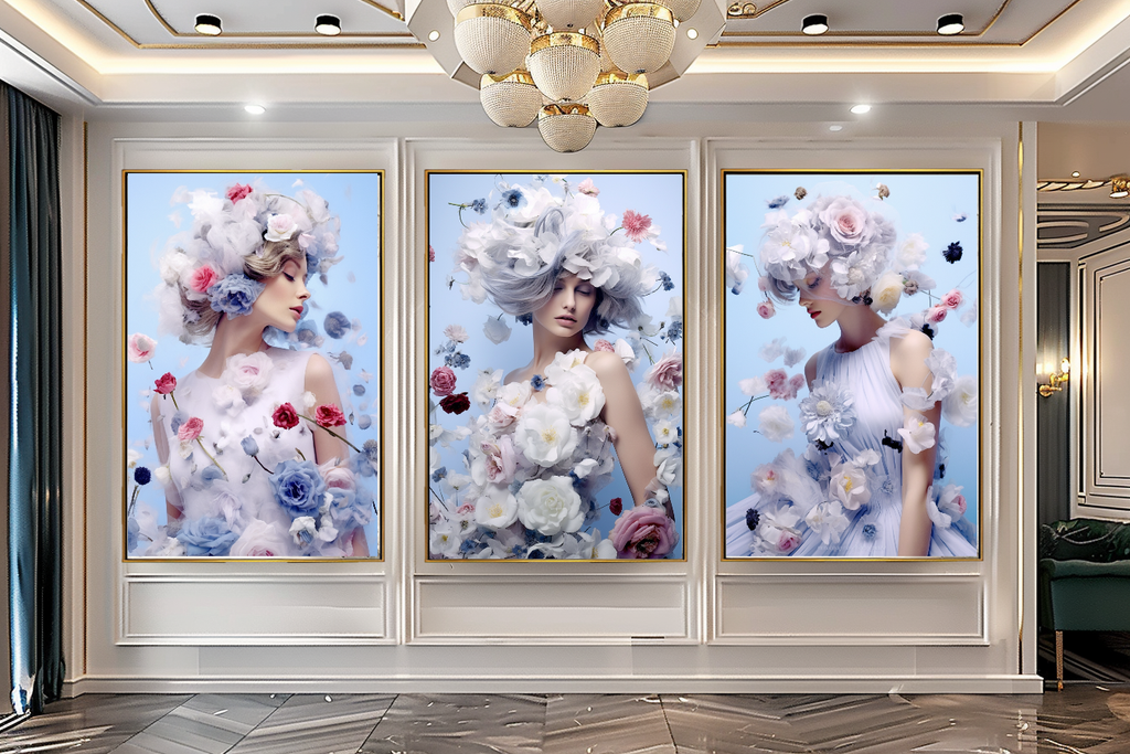 Blue Modern Grace - Floral Woman Canvas Art - Romantic Print on Canvas - Elegant Home Decor – Large – Oil on Canvas – {{ product.title }} canvas artwork by Tanya Mirelle – modern wall decor – original artwork for home, living room, office, or gallery – original artwork by BETSY-ART GALLERY