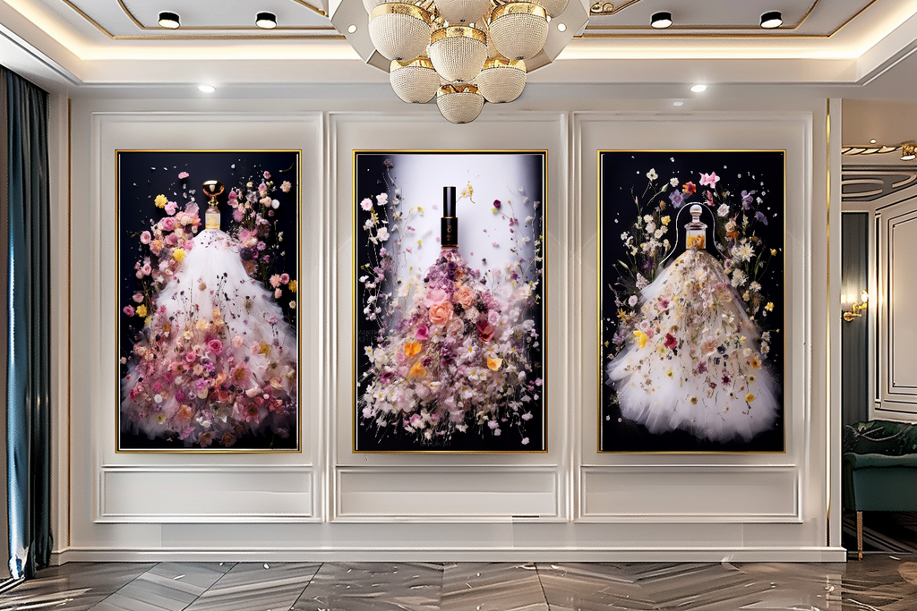 Floral Perfume Bottle Canvas Print - Luxury Wall Art for Modern Decor – Large – Oil on Canvas – {{ product.title }} canvas artwork by Tanya Mirelle – modern wall decor – original artwork for home, living room, office, or gallery – original artwork by BETSY-ART GALLERY