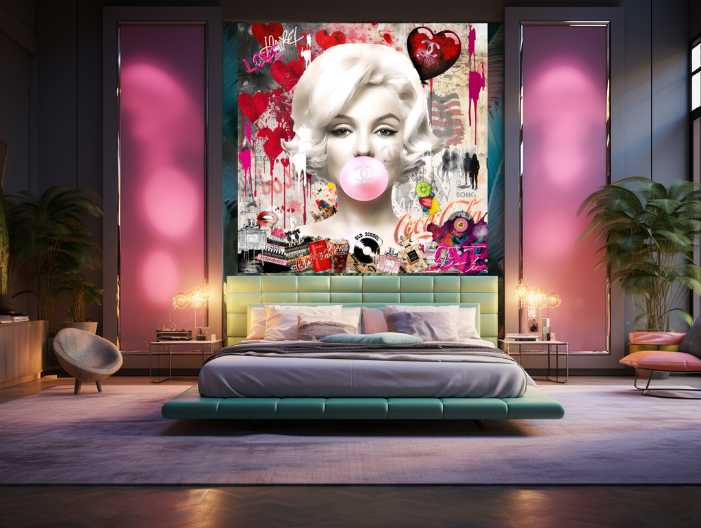 Marilyn Monroe blowing Bubble Gum, Celebreti Portrait, Modern Pop Art Print on Canvas – Large – Oil on Canvas – {{ product.title }} canvas artwork by Tanya Mirelle – modern wall decor – original artwork for home, living room, office, or gallery – original artwork by BETSY-ART GALLERY