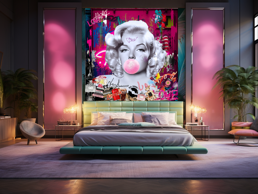 Vivid Graffiti Art Portrait, Marilyn Monroe, Bubble Gum Art, Modern Pop Art Print on Canvas – Large – Oil on Canvas – {{ product.title }} canvas artwork by Tanya Mirelle – modern wall decor – original artwork for home, living room, office, or gallery – original artwork by BETSY-ART GALLERY