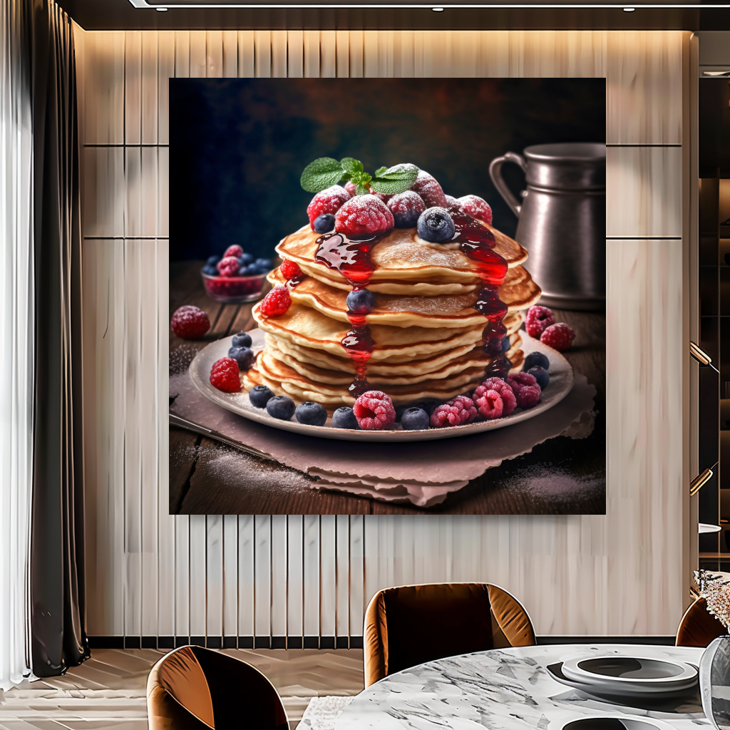 Berry Pancake Wall Art Print {{ shop_name }}Prints berry pancake art breakfast wall decor brunch cafe decor canvas print canvas wall art dining room wall decor food photography print giclée prints gourmet food art kitchen wall art large canvas print large wall art Large Wall Art Decor Living Room Art modern art print modern kitchen decor pancake wall art print on canvas ready to hang canvas restaurant wall art rustic kitchen art still life food photography stretched canvas art wall art prints