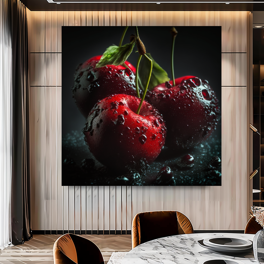 Ripe Juicy Cherries Wall Art Print, Water Splash Food Photography