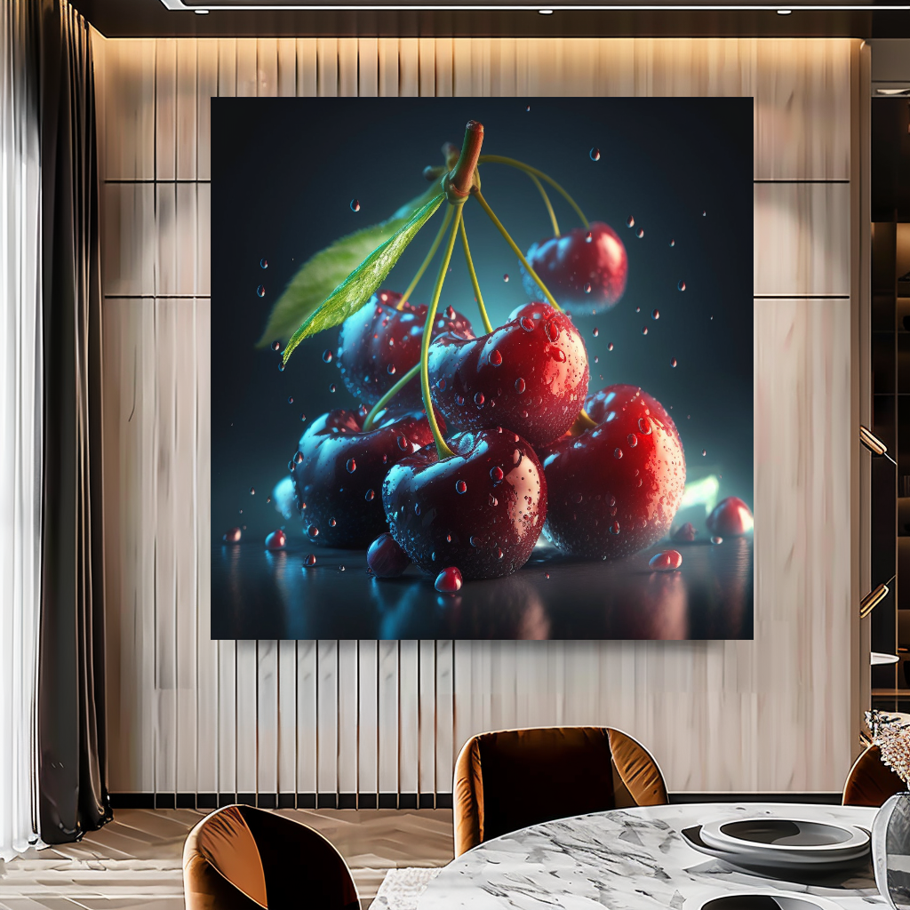 Ripe Juicy Cherries Wall Art Print, Water Splash Food Photography