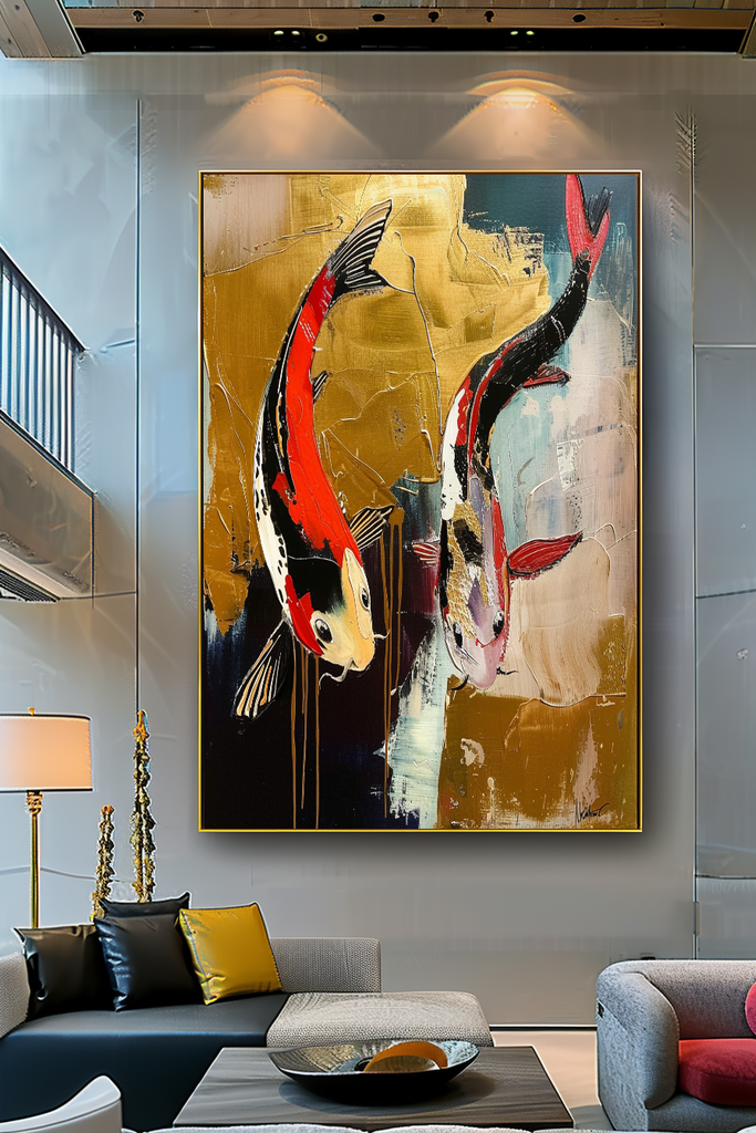 Abstract Koi Fish Impasto Oil Painting – Modern Textured Canvas Art for Living Room – Large – Oil on Canvas – {{ product.title }} canvas artwork by Tanya Mirelle – modern wall decor – original artwork for home, living room, office, or gallery – original artwork by BETSY-ART GALLERY