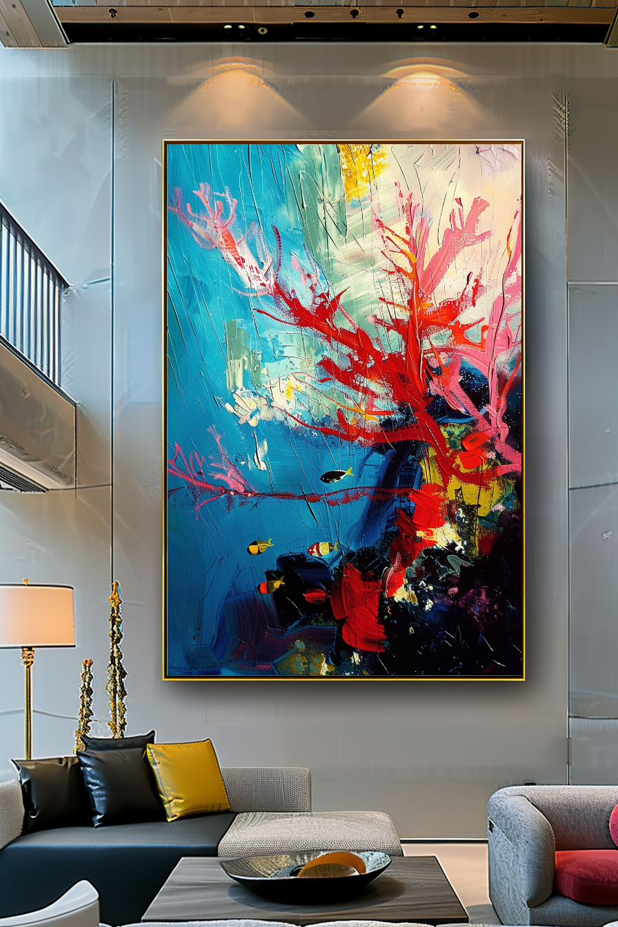 Red Coral Underwater Art, Abstract Impasto Oil Painting on Canvas - Colorful Modern Wall Art for Living room