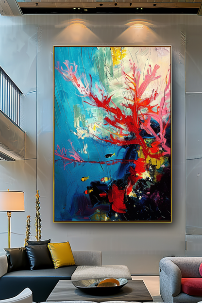 Red Coral Underwater Art, Abstract Impasto Oil Painting on Canvas - Colorful Modern Wall Art for Living room