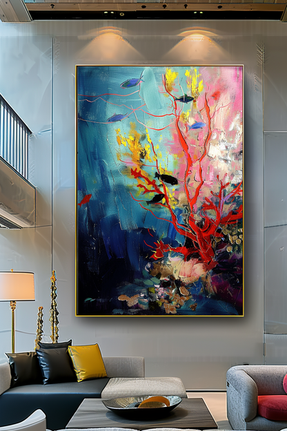 Red Coral Underwater Art, Abstract Impasto Oil Painting on Canvas - Colorful Modern Wall Art for Living room