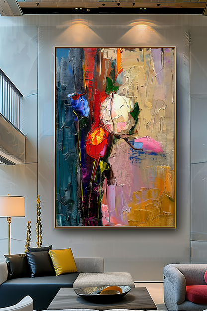 Floral Abstract Impasto Oil Painting on Canvas - Vibrant Modern Wall Art for Living room
