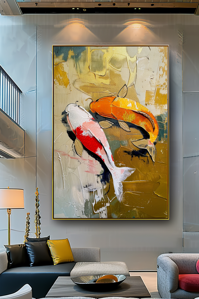 Vivid Koi Fish Abstract Art - Modern Impasto Oil Painting on Canvas - Colorful Wall Art – Large – Oil on Canvas – {{ product.title }} canvas artwork by Tanya Mirelle – modern wall decor – original artwork for home, living room, office, or gallery – original artwork by BETSY-ART GALLERY