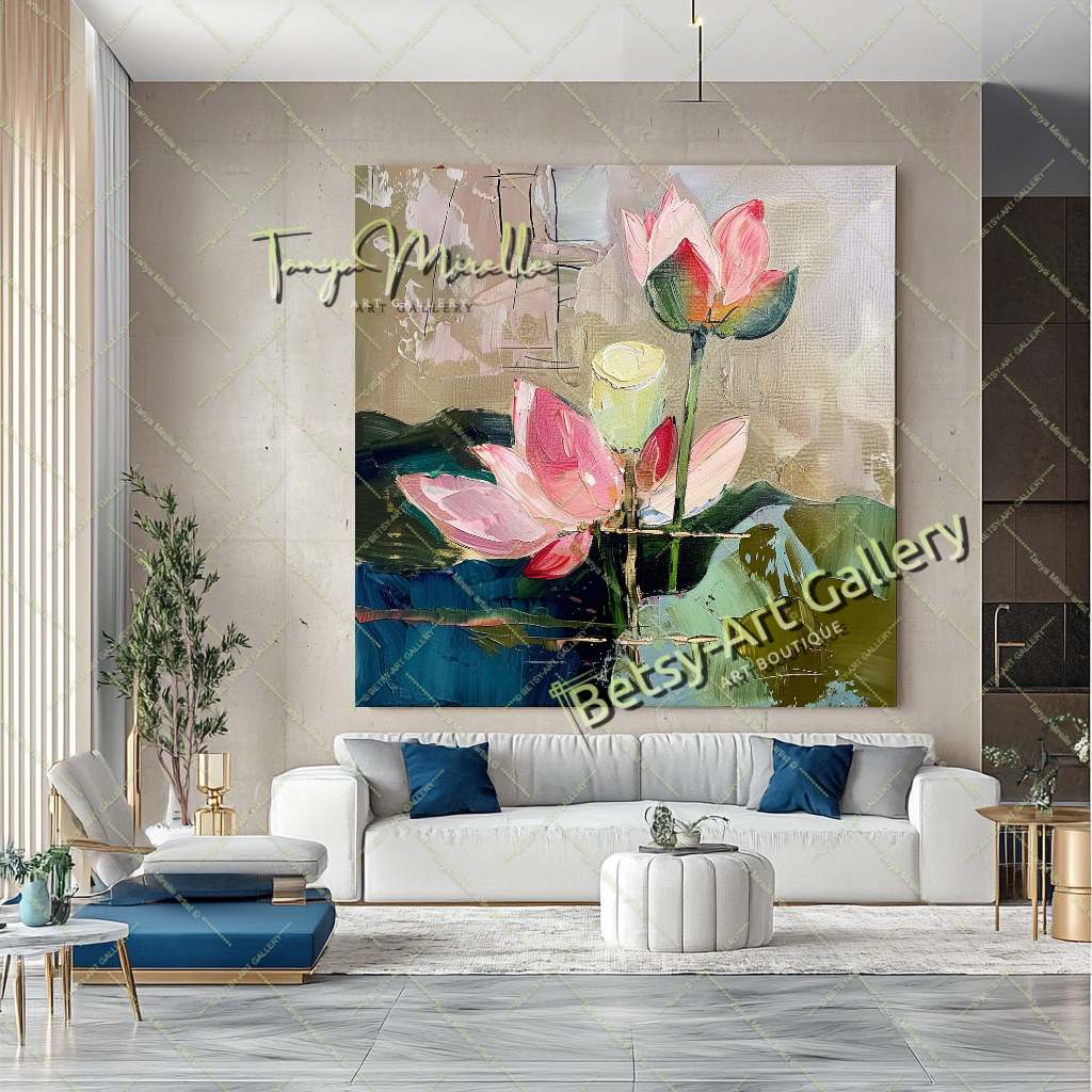 Lotus Abstract Painting – Modern Floral Wall Art #154 – Large – Oil on Canvas – {{ product.title }} canvas artwork by Tanya Mirelle – modern wall decor – original artwork for home, living room, office, or gallery – original artwork by BETSY-ART GALLERY