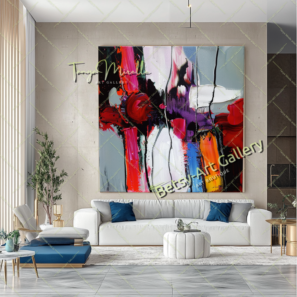 Vivid Red White Abstract Painting – Modern Wall Art #157 – Large – Oil on Canvas – {{ product.title }} canvas artwork by Tanya Mirelle – modern wall decor – original artwork for home, living room, office, or gallery – original artwork by BETSY-ART GALLERY