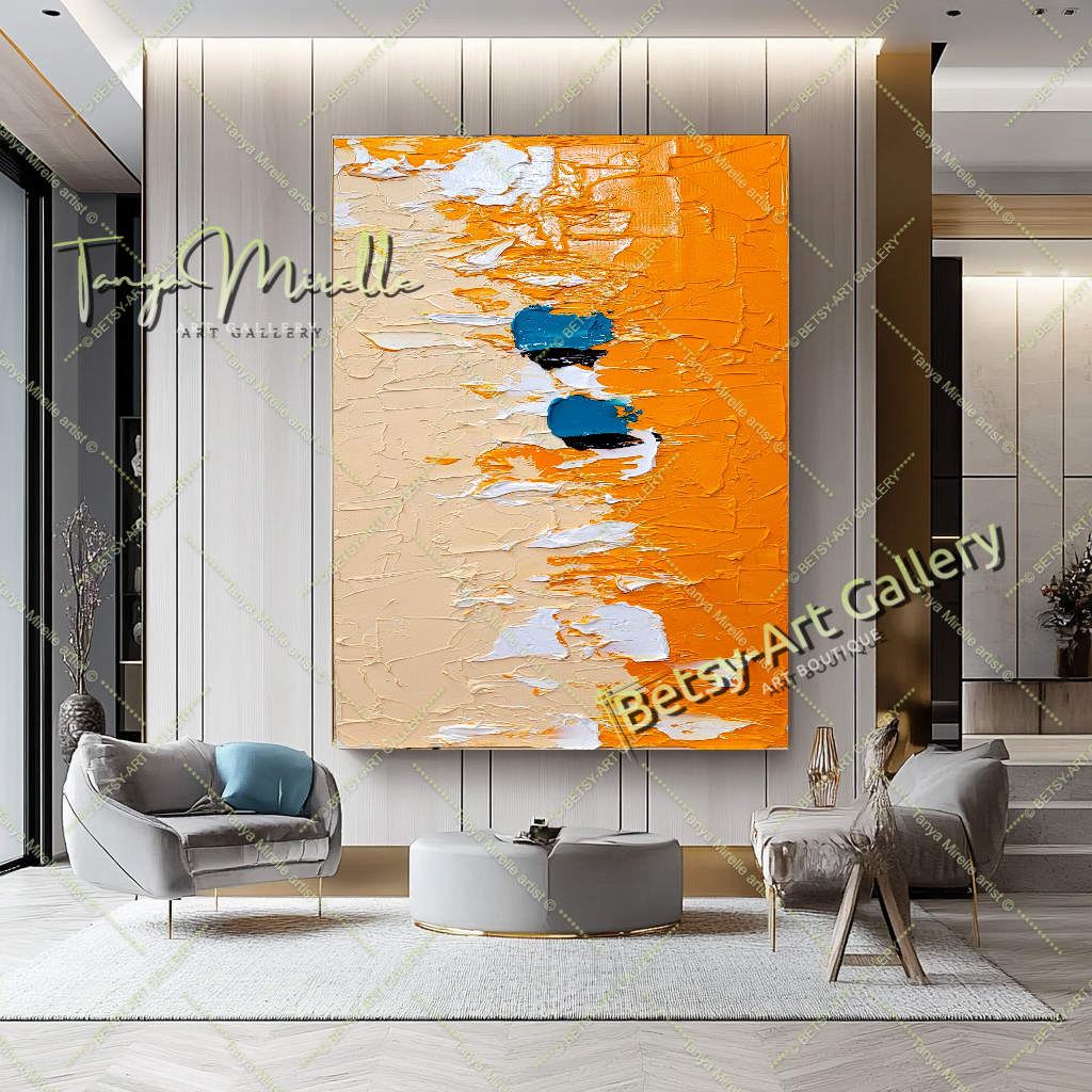 Minimalist Orange Abstract Impasto Oil Painting on Canvas – Large – Oil on Canvas – {{ product.title }} canvas artwork by Tanya Mirelle – modern wall decor – original artwork for home, living room, office, or gallery – original artwork by BETSY-ART GALLERY