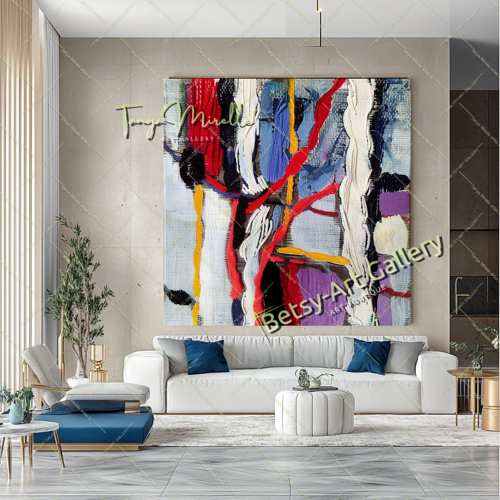 Vivid Red White Abstract Painting – Modern Wall Art #157 – Large – Oil on Canvas – {{ product.title }} canvas artwork by Tanya Mirelle – modern wall decor – original artwork for home, living room, office, or gallery – original artwork by BETSY-ART GALLERY