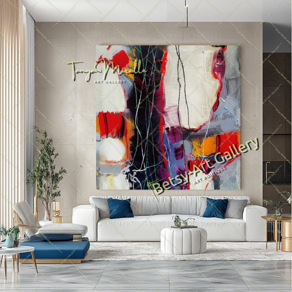 Vivid Red White Abstract Painting – Modern Wall Art #157 – Large – Oil on Canvas – {{ product.title }} canvas artwork by Tanya Mirelle – modern wall decor – original artwork for home, living room, office, or gallery – original artwork by BETSY-ART GALLERY