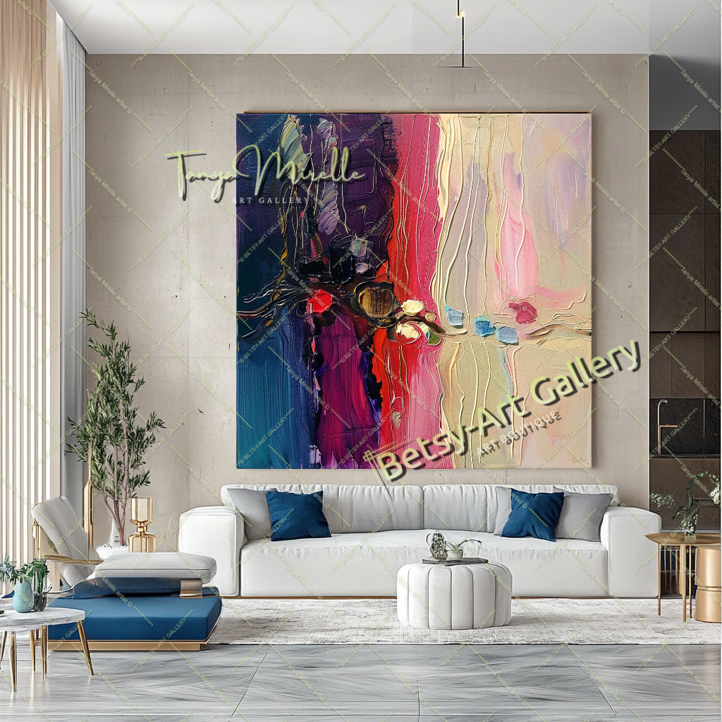 Purple Green Abstract Painting – Modern Floral Wall Art #158 – Large – Oil on Canvas – {{ product.title }} canvas artwork by Tanya Mirelle – modern wall decor – original artwork for home, living room, office, or gallery – original artwork by BETSY-ART GALLERY