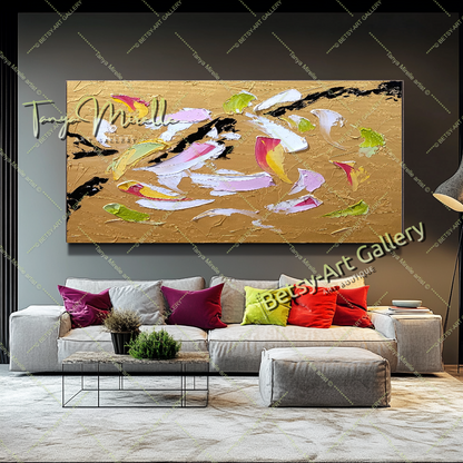 Art abstrait moderne en or, peinture à l'huile impasto sur toile, art mural texturé pour le salon