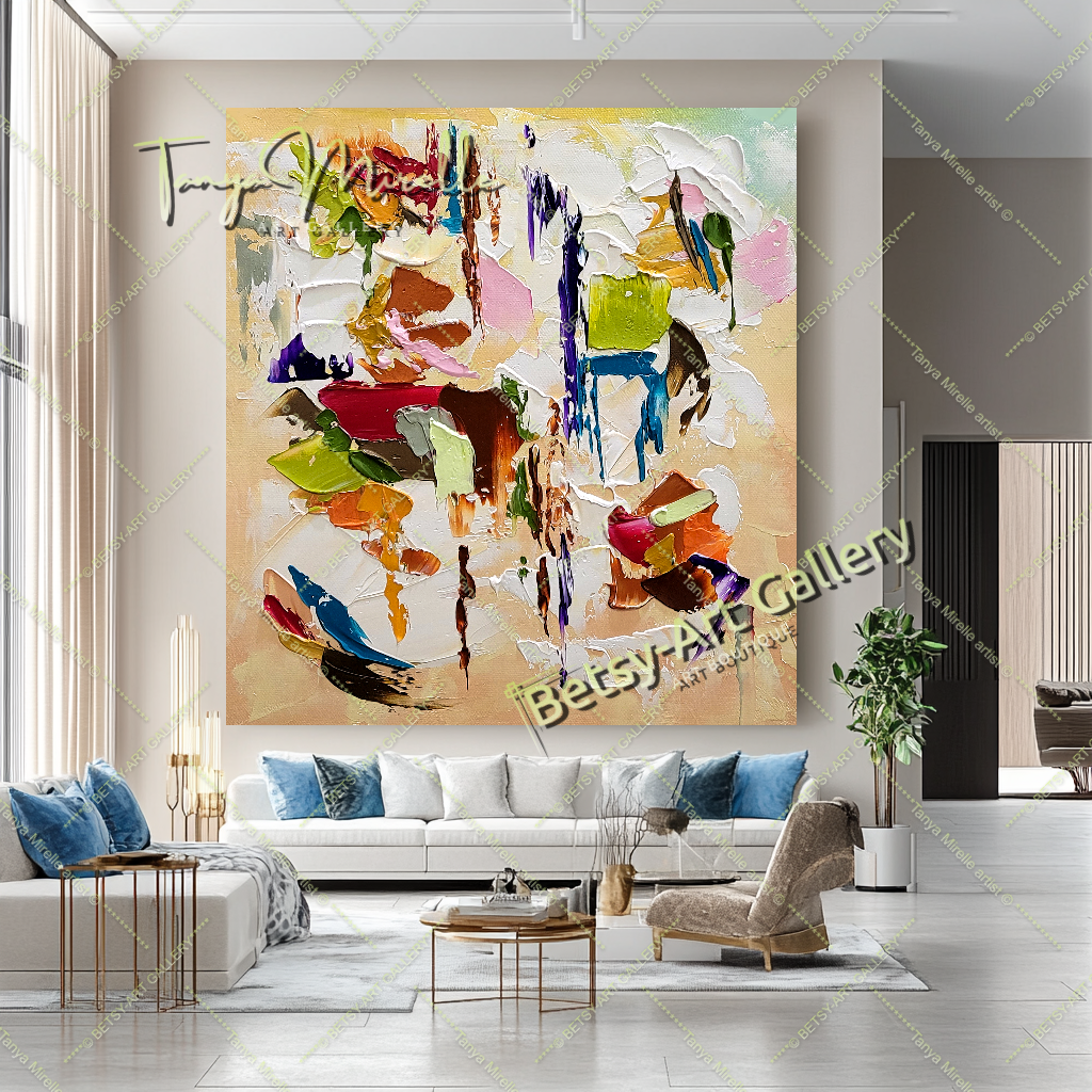 Modern Abstract Painting for Living Room - Colorful Oil Impasto Wall Art on Canvas