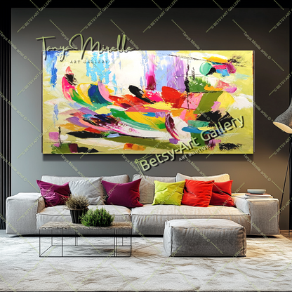 Peinture à l'huile abstraite vibrante sur toile - Œuvre d'art texturée moderne - Originale faite à la main pour le salon