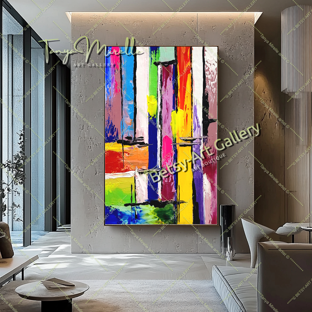 GRANDE peinture abstraite colorée en impasto, art sur toile, peinture murale moderne géométrique pour salon