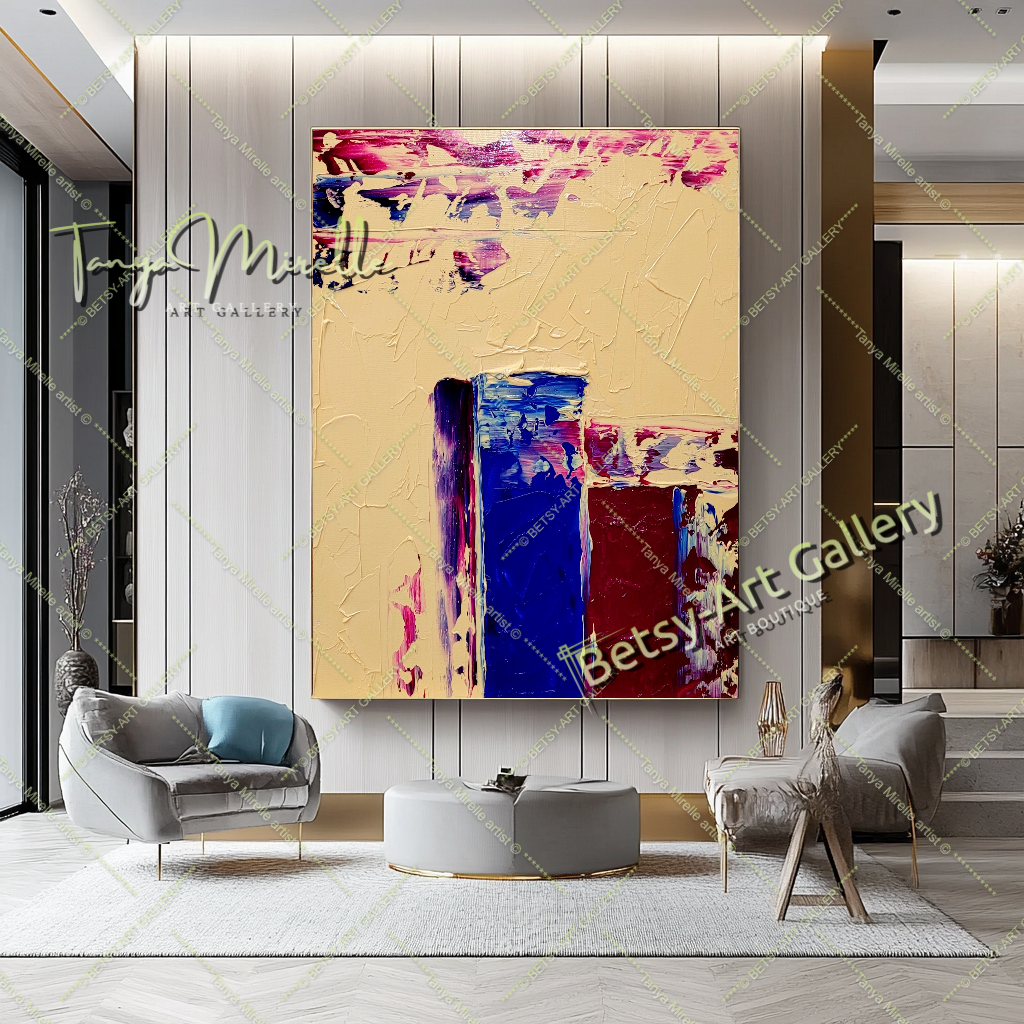 GRANDE peinture à l'huile impasto sur toile, art minimaliste géométrique, décoration d'art contemporain aux couleurs vives