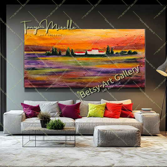 Sunset Landscape Abstract Painting - Textured Mediterranean Art Canvas