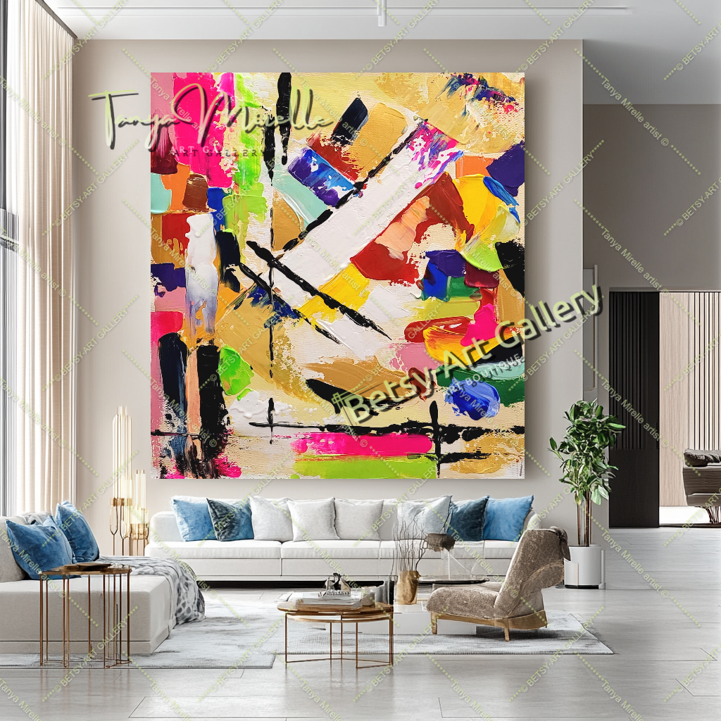 Grandes peintures abstraites pour le salon, peinture à l'huile impasto sur toile, art mural moderne coloré, peinture unique