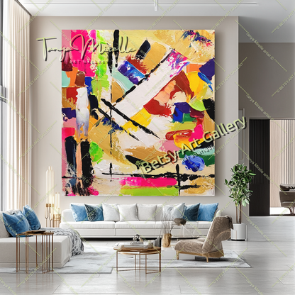 Grandes peintures abstraites pour le salon, peinture à l'huile impasto sur toile, art mural moderne coloré, peinture unique