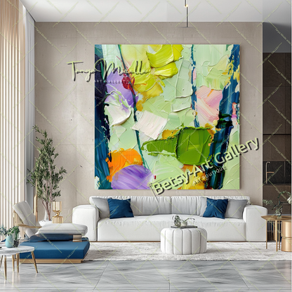 Green Abstract Painting – Modern Impasto Fruit Wall Art #135