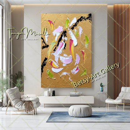 Art abstrait moderne en or, peinture à l'huile impasto sur toile, art mural texturé pour le salon