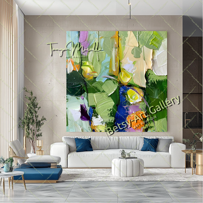 Green Abstract Painting – Modern Impasto Fruit Wall Art #135