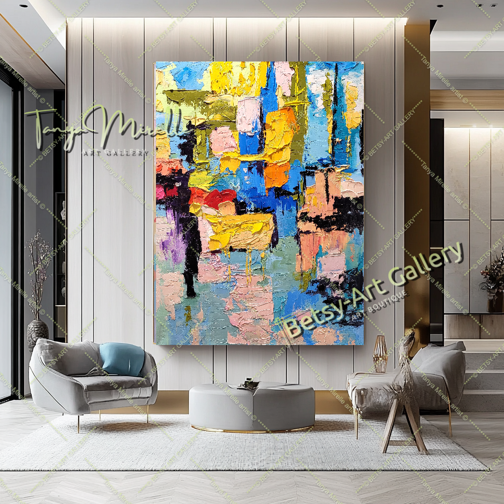 Grandes peintures abstraites pour le salon, peinture à l'huile impasto sur toile, art mural moderne coloré, peinture unique