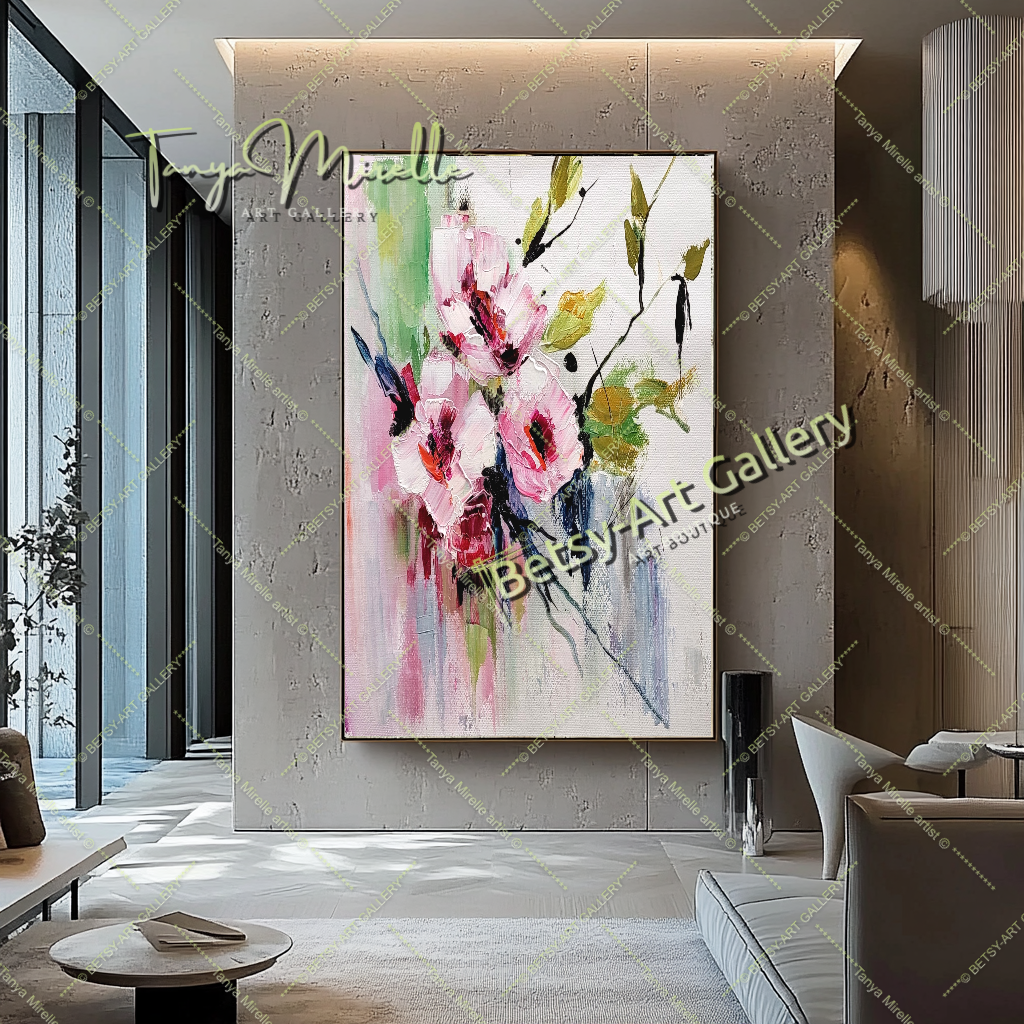 Floral Oil Painting on Canvas - Original Artwork for Modern Interiors – Large – Oil on Canvas – {{ product.title }} canvas artwork by Tanya Mirelle – modern wall decor – original artwork for home, living room, office, or gallery – original artwork by BETSY-ART GALLERY