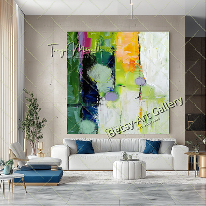 Green Abstract Painting – Modern Impasto Fruit Wall Art #135