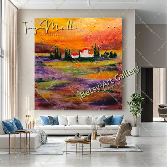 Sunset Landscape Abstract Painting - Textured Mediterranean Art Canvas