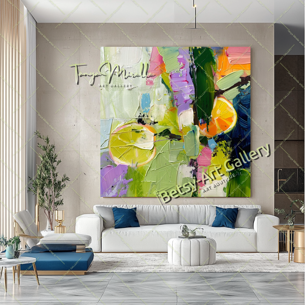 Green Abstract Painting – Modern Impasto Fruit Wall Art #135