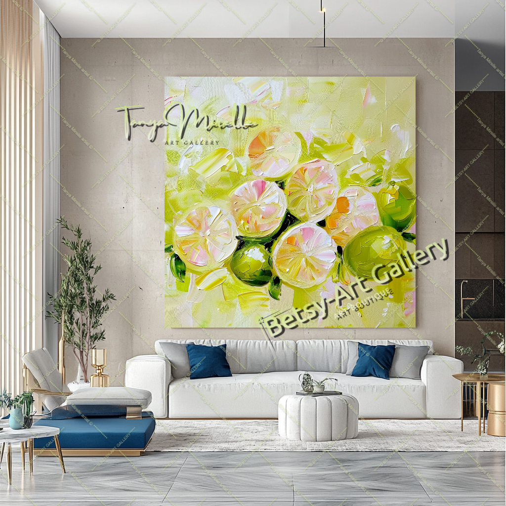 Citron Impasto Painting – Modern Abstract Fruit Wall Art #134 – Large – Oil on Canvas – {{ product.title }} canvas artwork by Tanya Mirelle – modern wall decor – original artwork for home, living room, office, or gallery – original artwork by BETSY-ART GALLERY