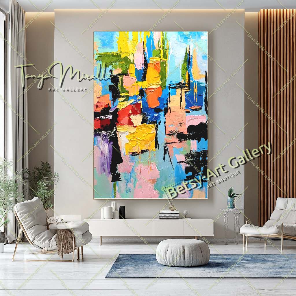 Grandes peintures abstraites pour le salon, peinture à l'huile impasto sur toile, art mural moderne coloré, peinture unique